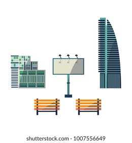 Vector cartoon flat urban landscape background design icons. Illustration building modern skyscaper business office apartment, construction architecture, residental cottage, billboards, street bench