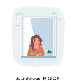 Vector cartoon flat woman character looks sad in house window.Young girl in melancholy mood - emotions, lifestyles, communication and friendship social concept