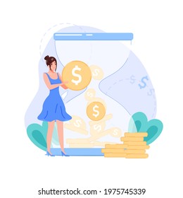 Vector cartoon flat woman character present symbol of income on hourglass background.Happy girl holds gold coins-metaphor of income,investments,profit grow web site banner concept