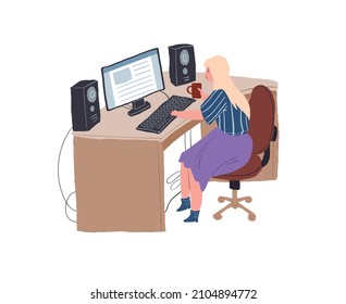 Vector cartoon flat woman character sits at table,young girl studies and works using computer-distance education and working,online learning and freelance work concept,web site banner ad design