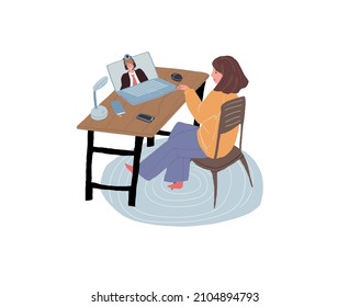 Caricatura vectorial personaje de mujer plana sentado en una laptop, usa la aplicación de videollamadas en línea para hablar con el aprendizaje a distancia del jefe y la reunión de negocios, aplicaciones de videoconferencia usando el concepto, diseño de banner de sitio web