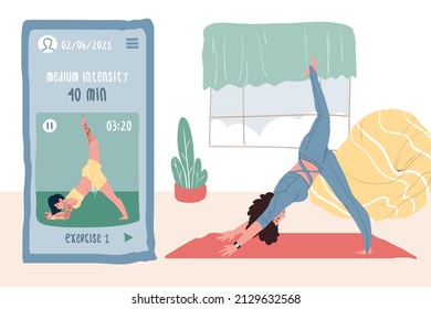 Vector cartoon flat woman character doing yoga pose indoors,smartphone with mobile app for sports learning-distance education and workout,use of online apps concept,web site ad banner design