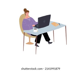 Vector cartoon flat woman character sits at table,young girl studies and works using laptop-distance education and working,online learning and freelance work concept,web site banner ad design