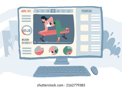 Vector cartoon flat woman character doing exercises on screen,computer sports app for distance learning,training planning,data collection,timing-sporty apps use concept,web site ad banner design