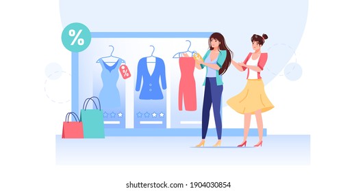 Caricatura vectorial personajes femeninos llanos prueban ropa de vestir nueva.Las chicas eligen vestidos de moda descuentos en tienda de ropa de tienda de ropa de la habitación de ajuste de la computadora tienda de ropa en línea, sitio web banner y concepto