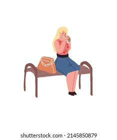 Vector cartoon flat young woman character in trendy outfit sit on bench eating burger on empty background-time management,meal break at worktime concept,web site banner ad design