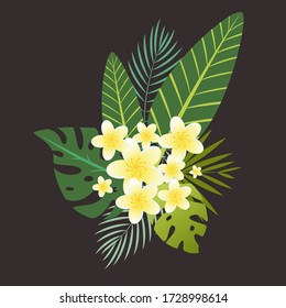 Vector cartoon floral elements isolated on dark background. Jungle flora in flat style. Palm, monstera, banana leaf, plumeria flowers. Cute arrangement with tropical flowers and leaves.