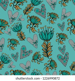Vector cartoon floral seamless pattern with beautiful fantasy flowers and hearts. Perfectly for wrapping paper, bed linen, textile, fabric, cover, wallpaper, fashion, kids clothing, Valentine’s Day. 