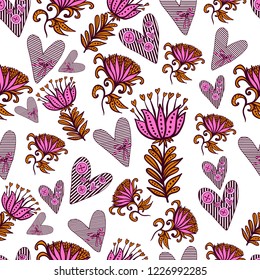 Vector cartoon floral seamless pattern with beautiful fantasy flowers and hearts. Perfectly for wrapping paper, bed linen, textile, fabric, cover, wallpaper, fashion, kids clothing, Valentine’s Day. 