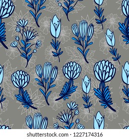 Vector cartoon floral seamless pattern with beautiful fantasy flowers and hearts. Perfectly for wrapping paper, bed linen, textile, fabric, cover, wallpaper, fashion, kids clothing, bedding, interior