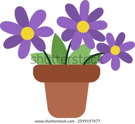 Vector cartoon flower pot clipart. Garden or home decorative plant icon isolated on white background. Forest nature purple blooming houseplant illustration. Simple abstract floral picture
