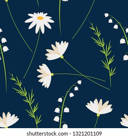 Vector cartoon flowers. Chamomiles and Lily of the valley. Seamless floral pattern. Fashion style for easter prints, batik and silk textile, cushion, pillow