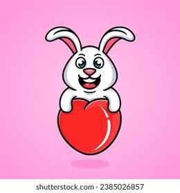 Vector cartoon flying rabbit with heart balloons, fun, funny, cute.