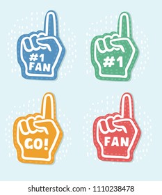 Vector Cartoon Foam Fingers Icons In Three Colors. We're 1. Lets' Go. Number One Fan Description.