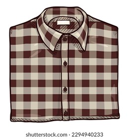Caricatura vectorial plegado Casual Checkered Men Shirt. Colores marrón y beige