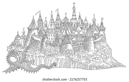 Vector cartoon folklore character, lying dragon looking at fairy tale medieval Russian castle town. Adults and children coloring book page - Shutterstock ID 2176257753
