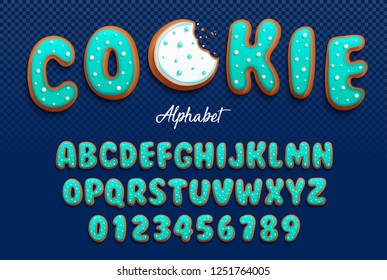 Vector cartoon font and alphabet in the form of cookies in royal icing with decorative tiny balls made with sugar for decoration. Isolated on darck transparent background 