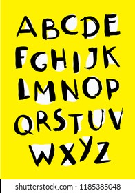 Vector cartoon font, typography, funny, careless type, grunge letters, alphabet for posters on yellow background. Capital latin english symbols.