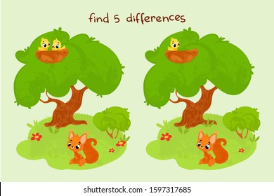 Vector cartoon forest animals. Vector illustrations for children books. Find 5 differences. Educational game for children. 