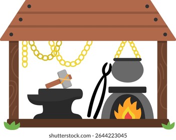 Vector cartoon forge icon. Smithy with cauldron on fire, tools, hammer, sward, chains, anvil. Blacksmith dwarf workshop illustration. Magic fairytale iron worker icon isolated on white background
