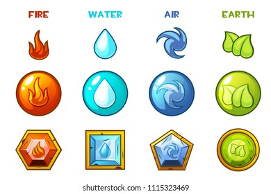 Vector Cartoon Four Natural Elements Icons - Earth, Water, Fire And Air