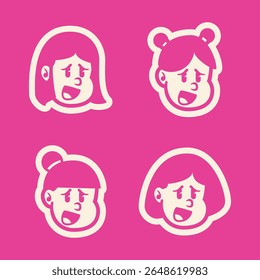 Vector cartoon of four smiling girl faces with cute hairstyles on bold pink background. Playful and fun character set, perfect for kids branding, icons, or mascot use. EPS format