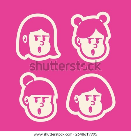 Vector cartoon of four smiling girl faces with cute hairstyles on bold pink background. Playful and fun character set, perfect for kids branding, icons, or mascot use. EPS format