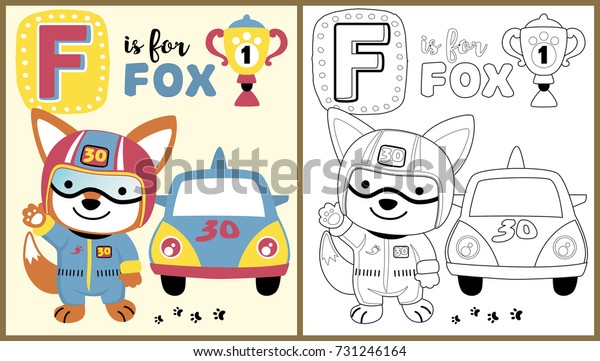 vector cartoon of fox the car racer , coloring book\
or page