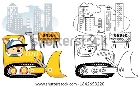 Vector cartoon of fox driving bulldozer on buildings background, coloring book or page