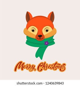 Vector cartoon fox with green scarf and stars on it. Funny character for christmas and new year cards, banner, poster, fabric print. Merry Christmas hand drawn lettering. EPS 10 illustration