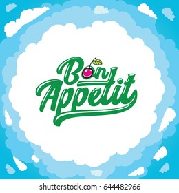 Quadro de desenho animado vetorial: Bon appetit lettering, caricatura cereja. Insira o seu texto. Tampas e céu azul.