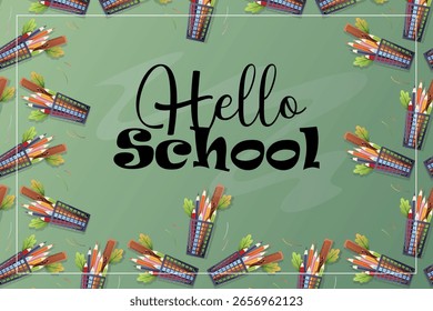 Vektor Cartoon Rahmen mit Bleistifthalter, Blätter und Hello School Titel. Textbereich in der Mitte. Perfekt für Poster und Ankündigungen.
