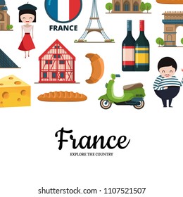 Vector cartoon France sights and objects background with place for text illustration