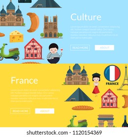 Vector cartoon France sights and objects horizontal web banners illustration