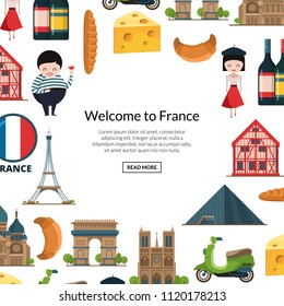 Vector cartoon France sights and objects background with place for text illustration