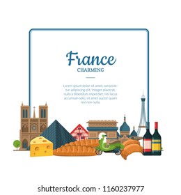 Vector cartoon France sights and objects below frame with place for text illustration