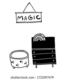 conjunto de cesta libre de dibujos animados vectoriales con pisadas, cómoda y afiche "magia"