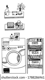 vector cartoon free hand drawn washing machine, rack with clothes and shelfs with things