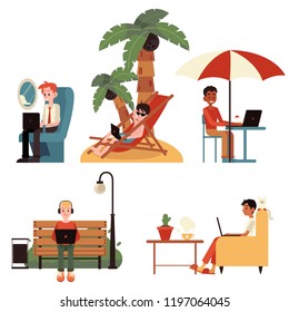 Vector cartoon freelance distant work concept people set. Men working from tropical island, during business flight, sitting at park bench, in cafe and from cozy sofa at home typing at laptop