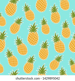 Vector Cartoon Fresh Pineapple Pattern in Blue Background
