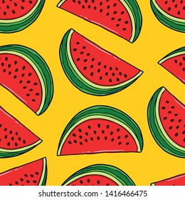 Vector Cartoon Fresh Sliced Watermelon Patterns In Yellow Background