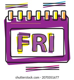 Vector cartoon Friday calendar page icon in comic style. Calendar sign illustration pictogram. Friday business agenda splash effect concept.
