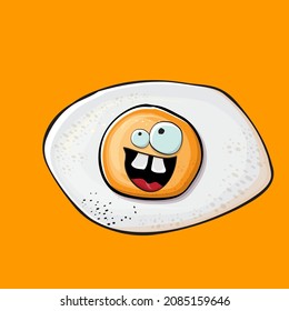 Vector cartoon fried egg character isolated on orange background. Perfect fried egg for good morning concept illustration. Funky cartoon egg character for printing on tee, menu and food poster
