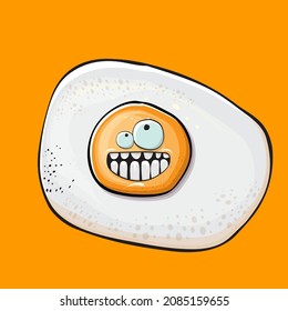 Vector cartoon fried egg character isolated on orange background. Perfect fried egg for good morning concept illustration. Funky cartoon egg character for printing on tee, menu and food poster