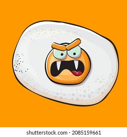 Vector cartoon fried egg character isolated on orange background. Perfect fried egg for good morning concept illustration. Funky cartoon egg character for printing on tee, menu and food poster