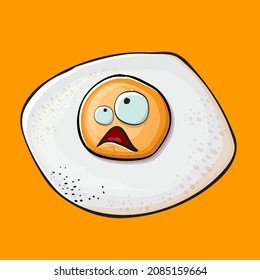 Vector cartoon fried egg character isolated on orange background. Perfect fried egg for good morning concept illustration. Funky cartoon egg character for printing on tee, menu and food poster