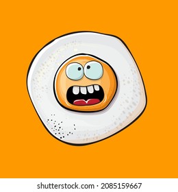 Vector cartoon fried egg character isolated on orange background. Perfect fried egg for good morning concept illustration. Funky cartoon egg character for printing on tee, menu and food poster