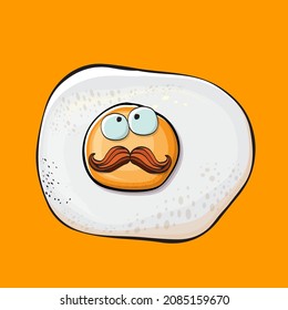 Caricatura vectorial personaje de huevo frito aislado en fondo naranja. Huevo frito perfecto para una buena ilustración del concepto matutino. Caricatura divertida personaje de huevo para imprimir en el cartel de té, menú y comida