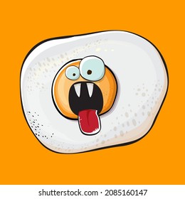 Vector cartoon fried egg character isolated on orange background. Perfect fried egg for good morning concept illustration. Funky cartoon egg character for printing on tee, menu and food poster