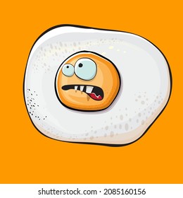 Vector cartoon fried egg character isolated on orange background. Perfect fried egg for good morning concept illustration. Funky cartoon egg character for printing on tee, menu and food poster